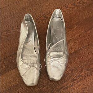 Zara Metallic Silver Loafers with Bow Accent